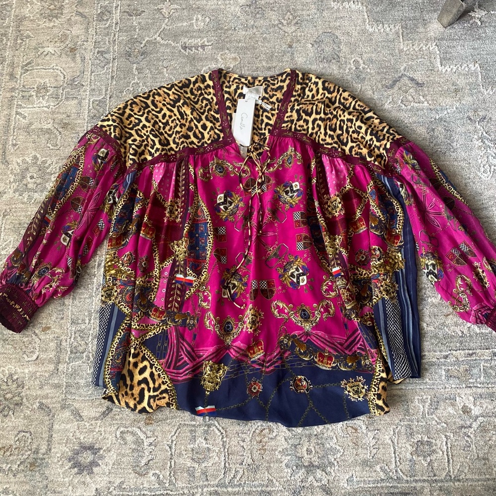 NWT Camilla Women's Blouson Blouse with NeckTie Dining Hall Darling Red Silk Top - Picture 9 of 10